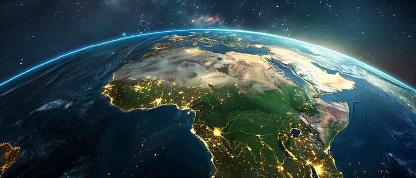 An image of planet Earth taken from space, showing the African continent with stars and nebula around Earth.