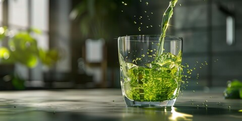 green natural herbal juice is poured into a glass Generative AI - obrazy, fototapety, plakaty