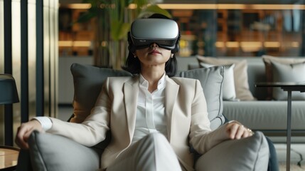 businesswoman in a virtual reality while work, seated on a couch,