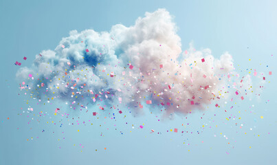 celebratory clouds with colorful confetti rain against a serene blue sky, joyous occasion concept