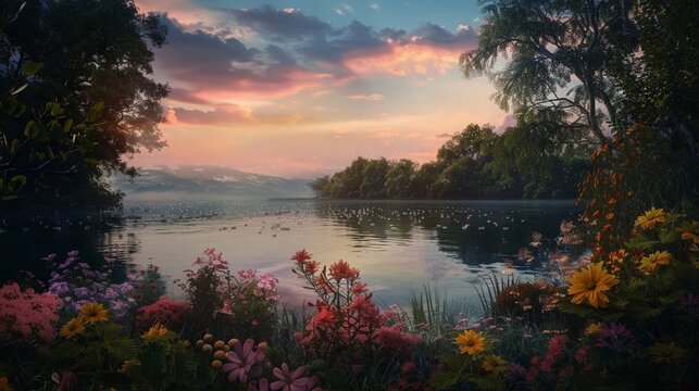 A tranquil lakeside retreat surrounded by lush foliage and colorful flowers, with the sky above painted in soft shades of pink and blue, inviting relaxation and reflection.