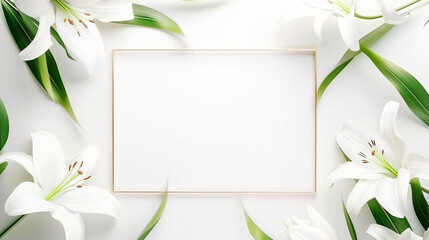 Beautiful delicate white lily flowers and empty square frame on a light background, copy space, top view. Natural floral background