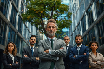 A group of well-dressed men and a woman stand proudly in front of a majestic tree, their faces beaming with smiles as they embody elegance and confidence in the midst of a bustling city street