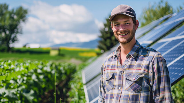 A happy young farmer taking care of his business with renewable energy Generative AI Illustration