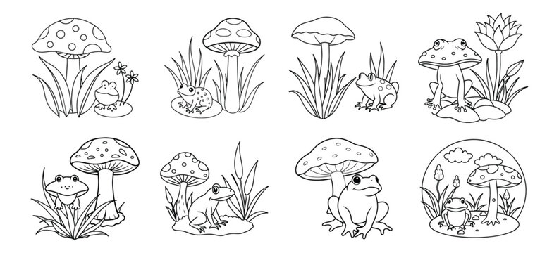 Frog Under a Mushroom in water Clipart. with bunch of grass and flower coloring pages