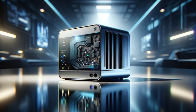 Cutting-Edge Minicomputer in Sleek High-Tech Setting