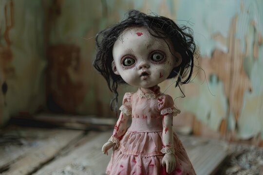 scary small doll in pink dress looking at camera in old abandoned house