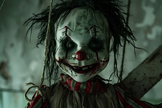 scary old puppet with creepy smile and blood on face close up