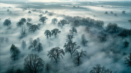 vue aérienne d'un paysage au petit matin recouvert d'un brouillard entre les arbres à moitié recouvert