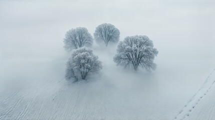 vue a&eacute;rienne d'un paysage au petit matin recouvert d'un brouillard entre les arbres &agrave; moiti&eacute; recouvert