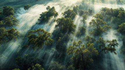 vue aérienne d'un paysage au petit matin recouvert d'un brouillard entre les arbres à moitié recouvert