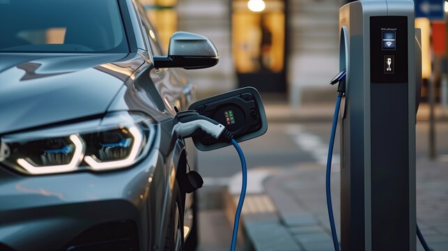 Close up electric car charging with station, Electric car connected to charging station, Technology electric vehicle concept.