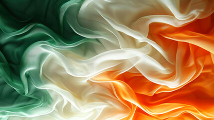 Obraz premium Abstract digital background or texture design of irish flag colors, Ireland national country symbol illustration wavy silk fabric background