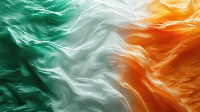 Abstract digital background or texture design of irish flag colors, Ireland national country symbol illustration wavy silk fabric background