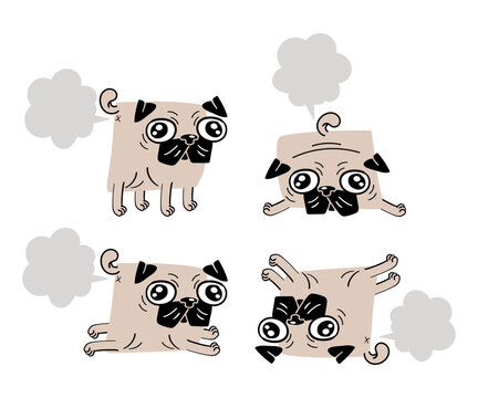 set of funny pug dog cartoon with farting cloud. Vector illustration isolated on a white background.