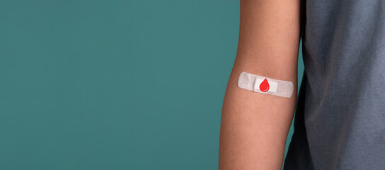 Arm with plaster, blood cells, donate plasma, world blood donor day, health care, transfusion,...