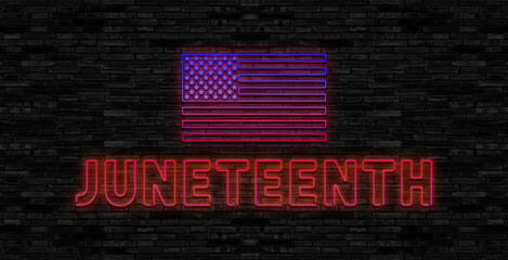 Happy Juneteenth, June 19. Calendar on workplace Neon Text Effect on bricks Background, Empty space...