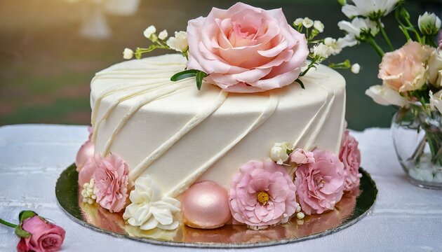 Bolo de casamento decorado com flores rosas e arranjos