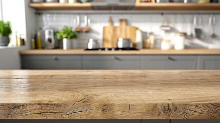 Wooden light empty countertop in Scandinavian minimalist style, flooded natural light, kitchen backsplash in interior