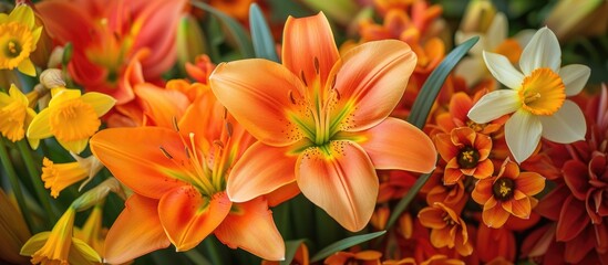 A beautiful arrangement of orange lilies and narcissus flowers displayed in a vase.