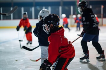 Naklejka premium Children's Ice Hockey Practice, Skating Drills and Learning, ice hockey player on ice, children playing hockey