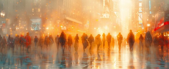 A group of friends braving the amber rain and reflecting on their journey while walking through the outdoor city streets - obrazy, fototapety, plakaty