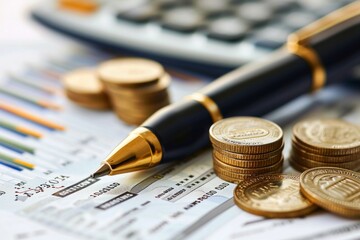 Finanzas con calculadora, bolígrafo y monedas