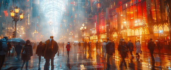 In the dimly lit city streets, a group of individuals braves the rain, their reflections shimmering on the wet pavement as they make their way through the night