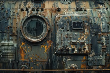 Corroded metal surface, rust and decay, industrial markings, urban decay texture, post-apocalyptic theme, cyberpunk backdrop, aged metal texture, dystopian atmosphere,  industrial texture