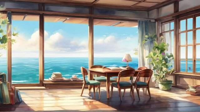 relaxing reading room by the beach with stacks of books.Cartoon or anime watercolor digital painting illustration style. seamless looping 4k video animation background	
