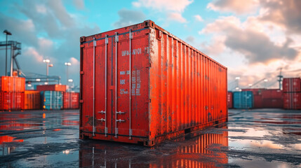 Bright metal cargo container or shipping container for storing and transporting goods and raw materials between points or countries, international trade equipment for the exchange of goods.