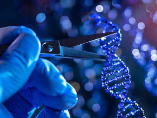 A close-up depiction of genetic engineering with a gloved hand using scissors to modify DNA strands.    Symbolizing genetic engineering.
