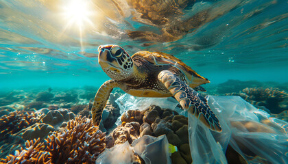 Lonely sea turtle swimming warm tropical sea waters with plastic bag waste on coral reefs. Beauty in Nature, ocean pollution, Marine pollution, Plastic pollution and NO PLASTIC Ecology concept image.