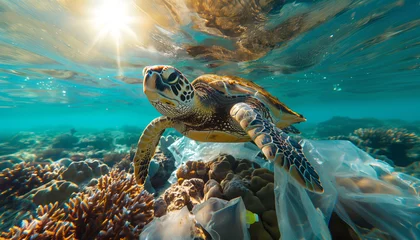 Rugzak Lonely sea turtle swimming warm tropical sea waters with plastic bag waste on coral reefs. Beauty in Nature, ocean pollution, Marine pollution, Plastic pollution and NO PLASTIC Ecology concept image. © Soloviova Liudmyla