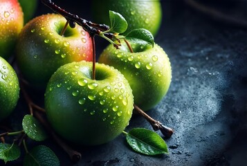 A close-up view of Granny Smith apples, that are wet from rain or dew
