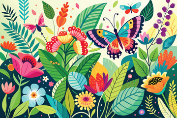 Beautiful floral background, panorama. Leaves, colorful flowers, caterpillars, butterflies. Bright spring and summer banner for cover social network, invitation, wedding, holiday. Vector illustration.