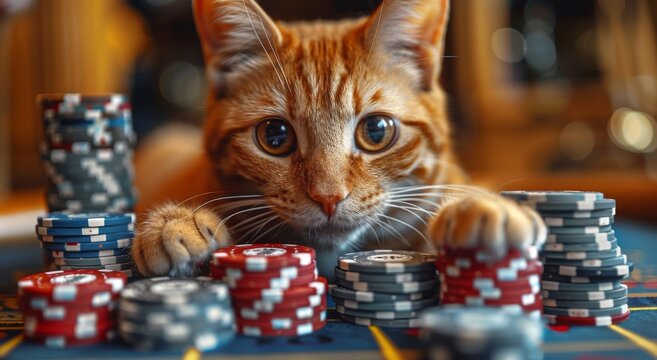 A mischievous indoor cat flaunts its cunning strategy as it proudly guards a towering stack of poker chips with its sharp whiskers and feline charm