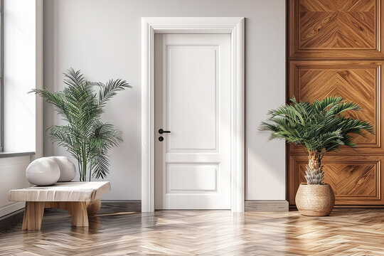 White interior door in a modern interior, in light colors in a Scandinavian style. Interior Design.