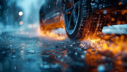 A slick tire grips the rain-soaked pavement, its auto part exposed in a dramatic screenshot of speed and danger - obrazy, fototapety, plakaty