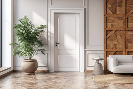 Fototapeta White interior door in a modern interior, in light colors in a Scandinavian style. Interior Design.