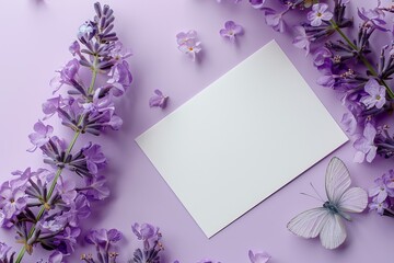Simulation with invitation card orientation in portrait mode. Featuring a calming mix of white and light purple shades. Accented with a delicate butterfly and flower theme.