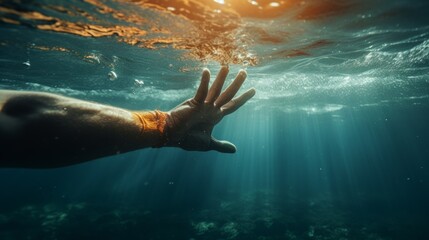 Fototapeta na wymiar Reaching out for help underwater with other hand coming to the rescue