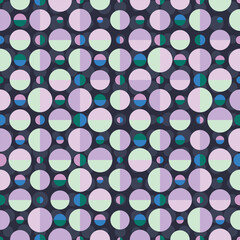 Colourful Polka-Dots on a dark purple background - seamless vector pattern. Elegant geometric pattern with tiled circles and semicircles. Great for fashion, home decor, stationary and wallpaper.