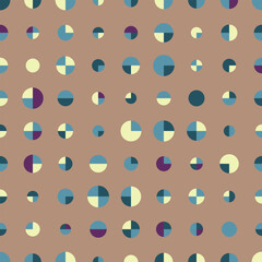 Retro polka dot seamless vector pattern on pale taupe. Playful geometric design with tiled circles and semicircles. Great for fashion fabrics, home decor, wallpaper and packaging.