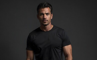 Fototapeta premium Portrait of a male model wearing a black T-shirt medium shot camera angle