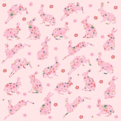 Elegant background seamless pattern with flowers and little rabbits. Perfect for textile, wallpaper or print design,  greetings card, flyers, invitation, poster, brochure, wrapping paper, website.