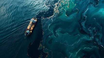 oil floating on the surface of the ocean, water pollution and chemicals create problems for the environment, living things and natural resources - obrazy, fototapety, plakaty