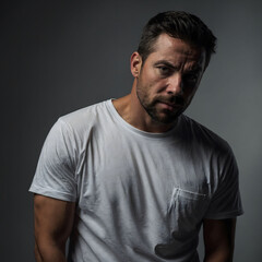 Fototapeta premium Portrait of a male model wearing a white T-shirt medium shot camera angle