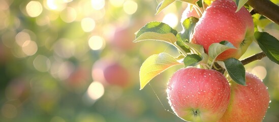 A close-up view of a lush apple tree in an apple orchard, with glistening, tasty apples hanging...