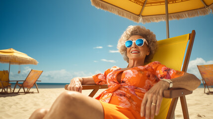 Happy mature senior woman on beach in a sun glasses and mature senior woman on beach enjoy holidays on the beach. Senior woman smiling rest in the beach. Mature senior lifestyle